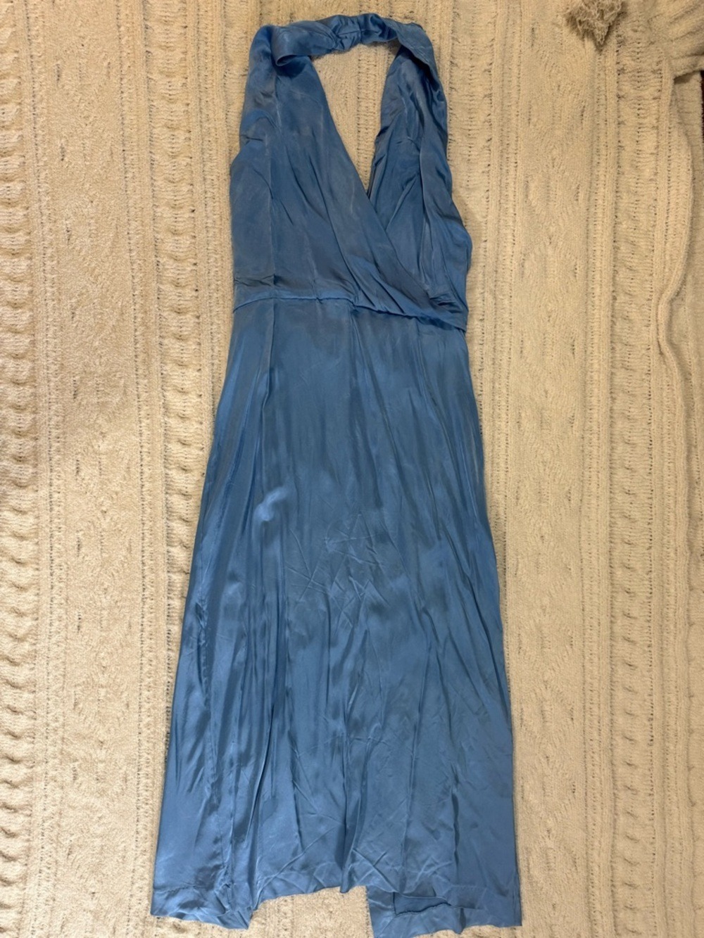Zara Satin Effect Midi Dress Blue Plunge Wrap Halter Blogger Favorite XXL NWT - Picture 4 of 16